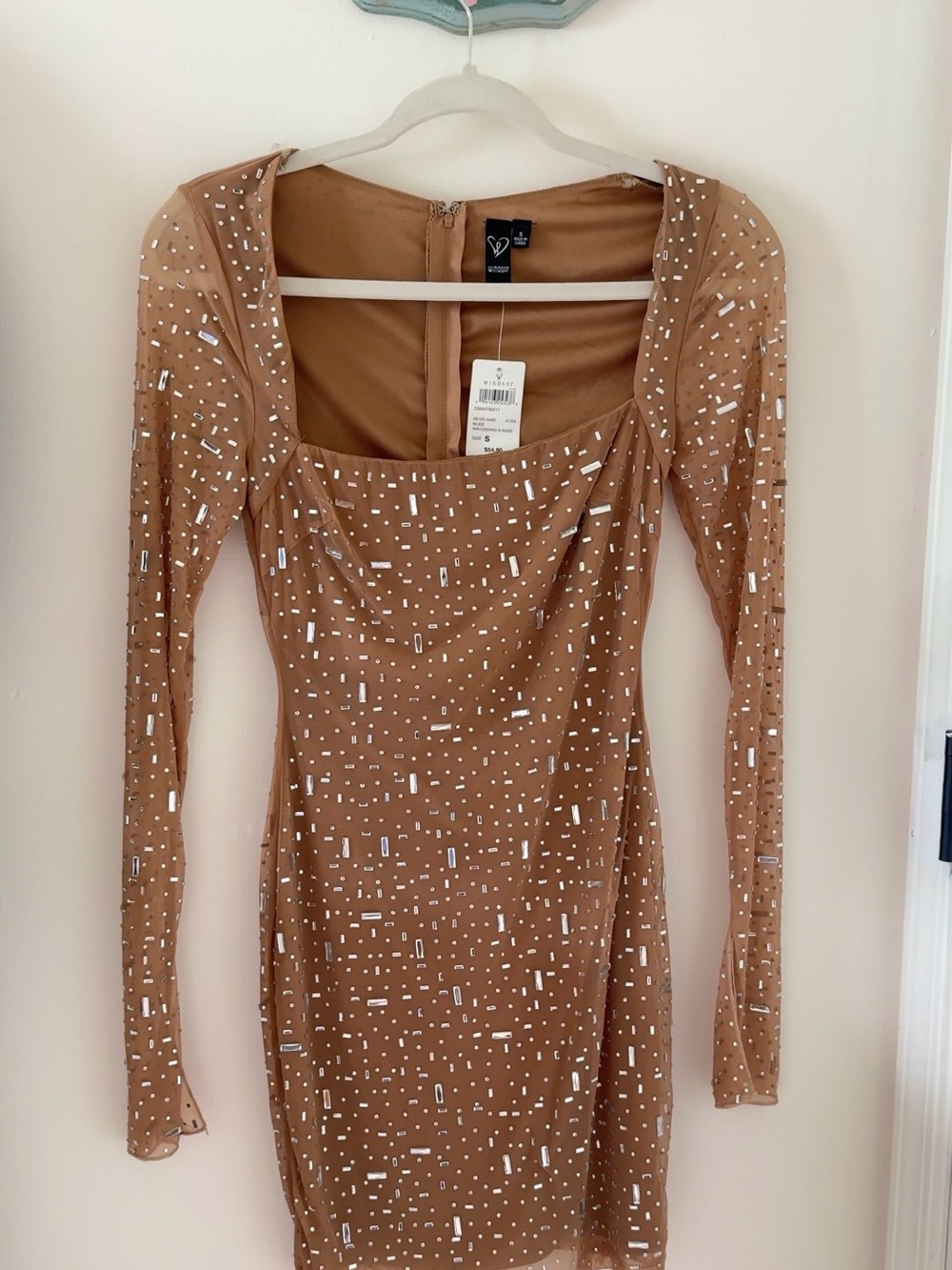 Windsor Camel Long-Sleeve Embellished Bodycon Dress